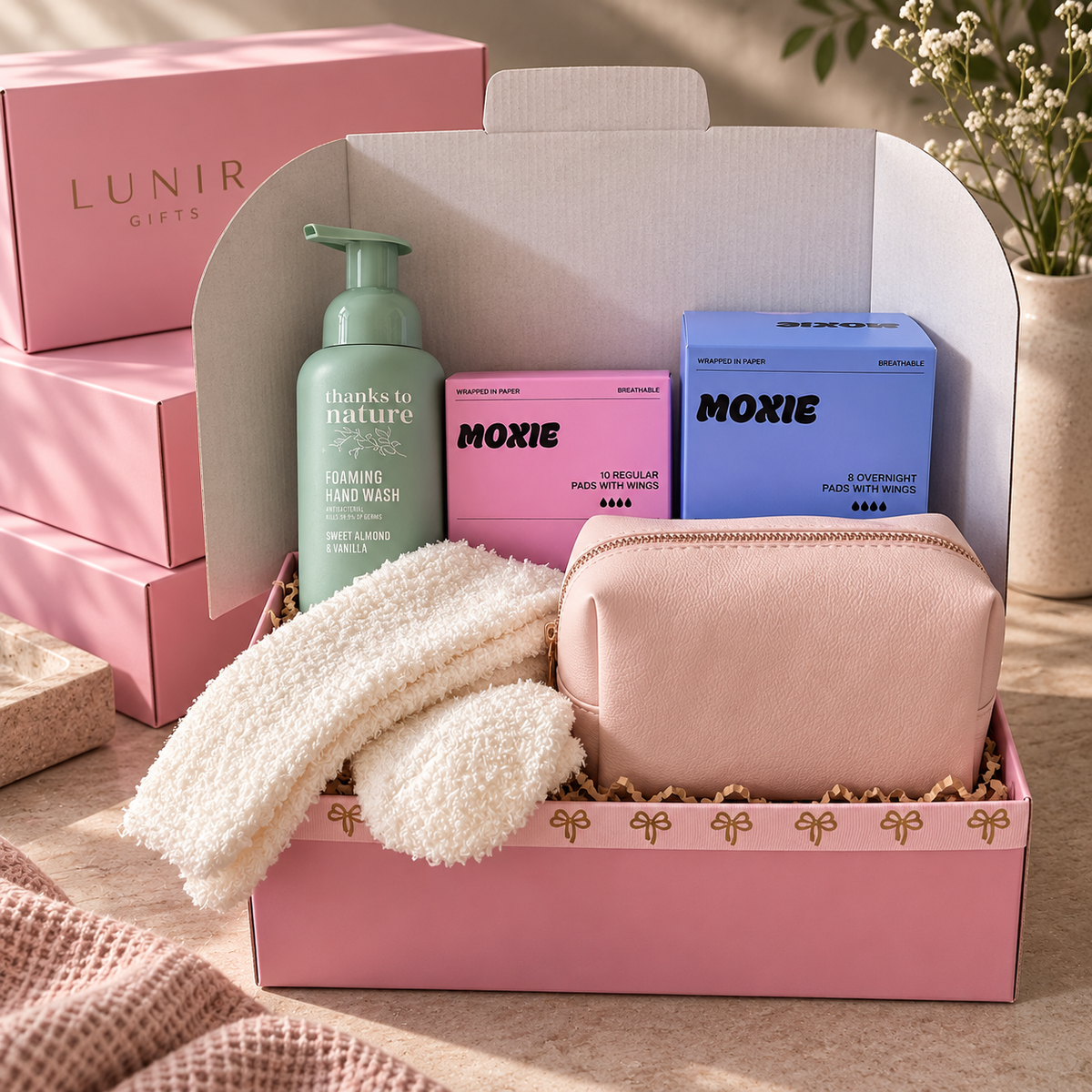 A curated gift box set from Lunir Gifts containing a bottle of Plumage Hair Wash, Moxie hair oil, a blue Moxie conditioner box, a pink zippered pouch, and a white fleece towel, arranged in a pink box with decorative gold lettering.