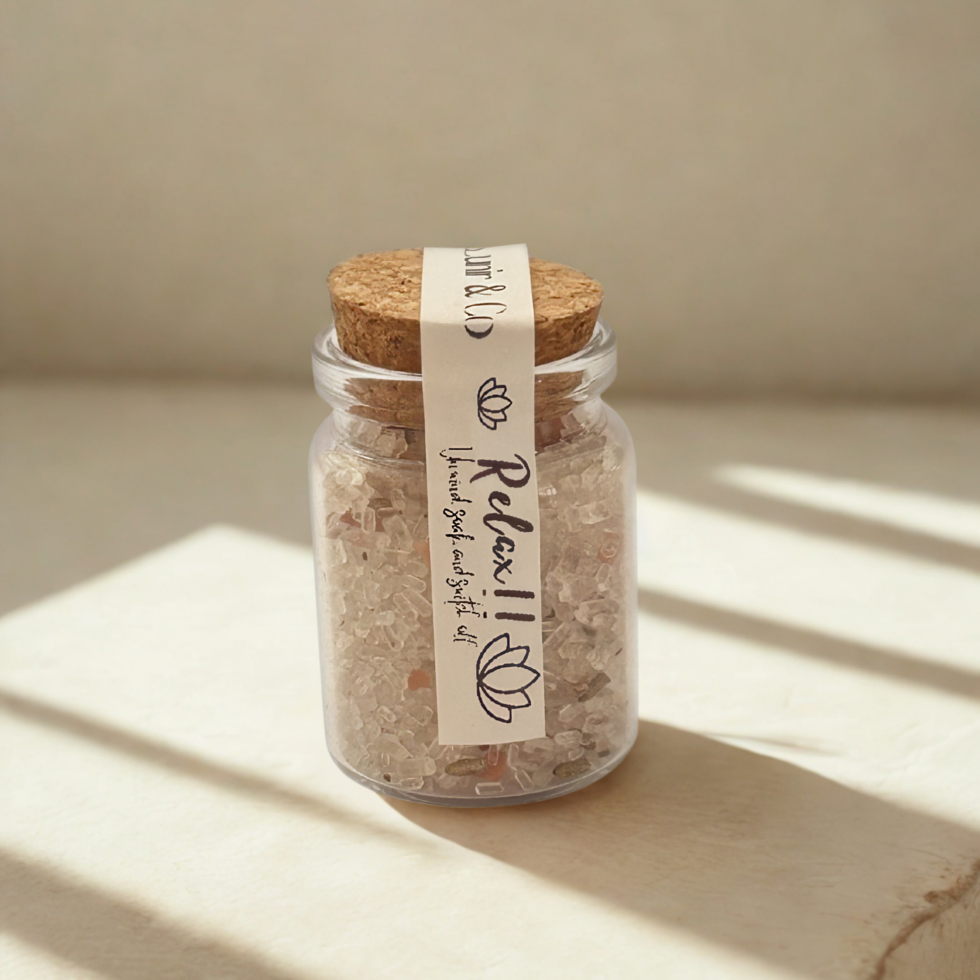 Jar of bath salts with a cork lid and 'Relax' label on a neutral background