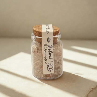 Jar of bath salts with a cork lid and 'Relax' label on a neutral background