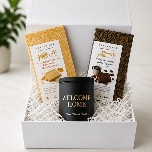 Settlement gift box with welcome home candle and chocolate