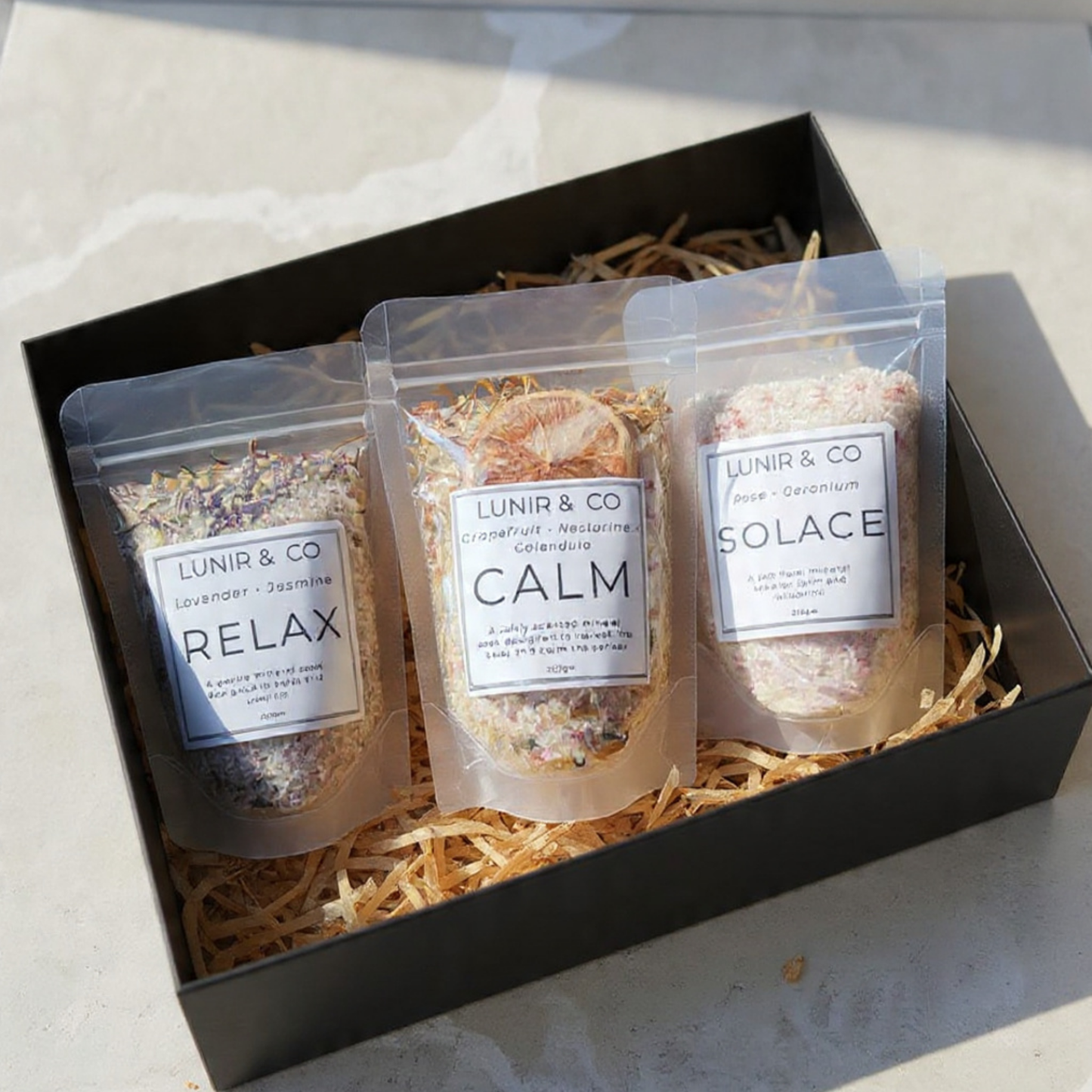 Three packages labeled 'Relax', 'Calm', and 'Solace' from Lunir & Co in a black box.