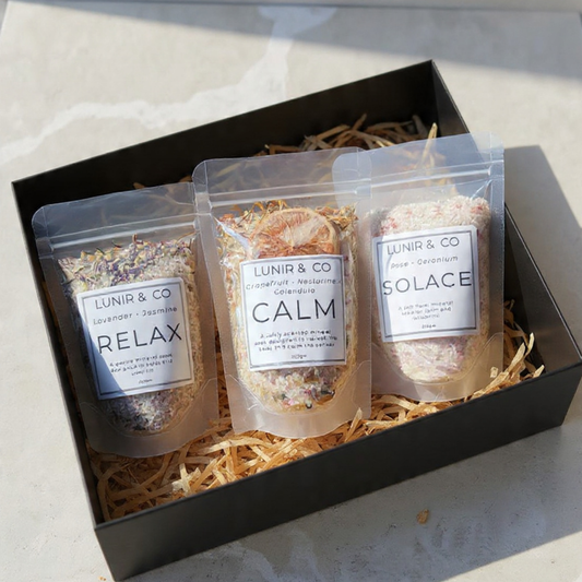 Three packages labeled 'Relax', 'Calm', and 'Solace' from Lunir & Co in a black box.