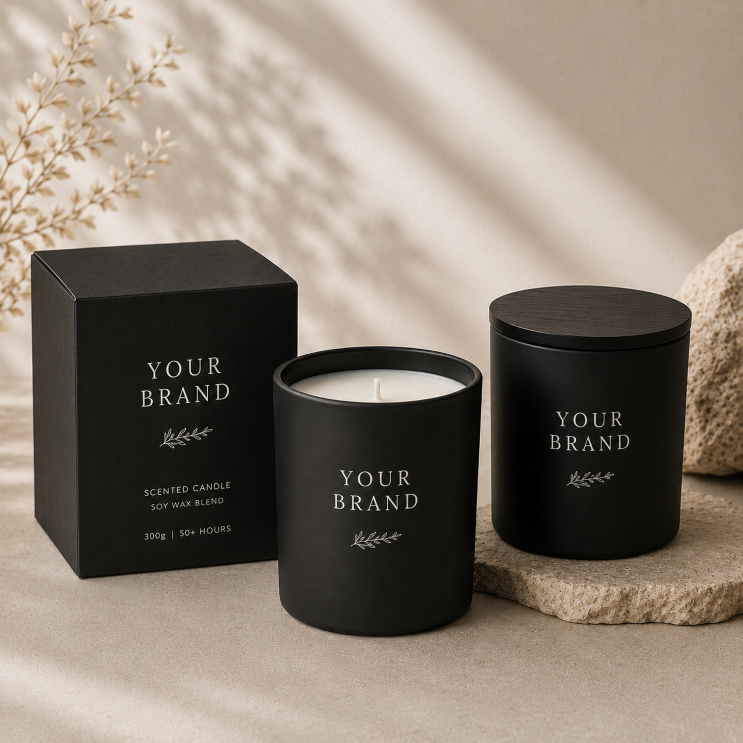 Black candles with 'Your Brand' text on a neutral background