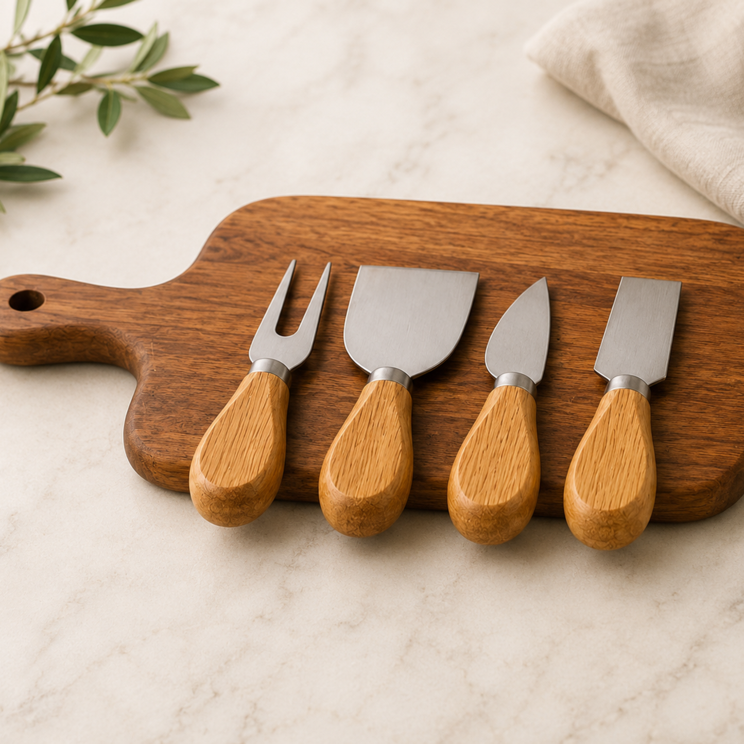 Set of four cheese tools with wooden handles on a wooden cutting board.