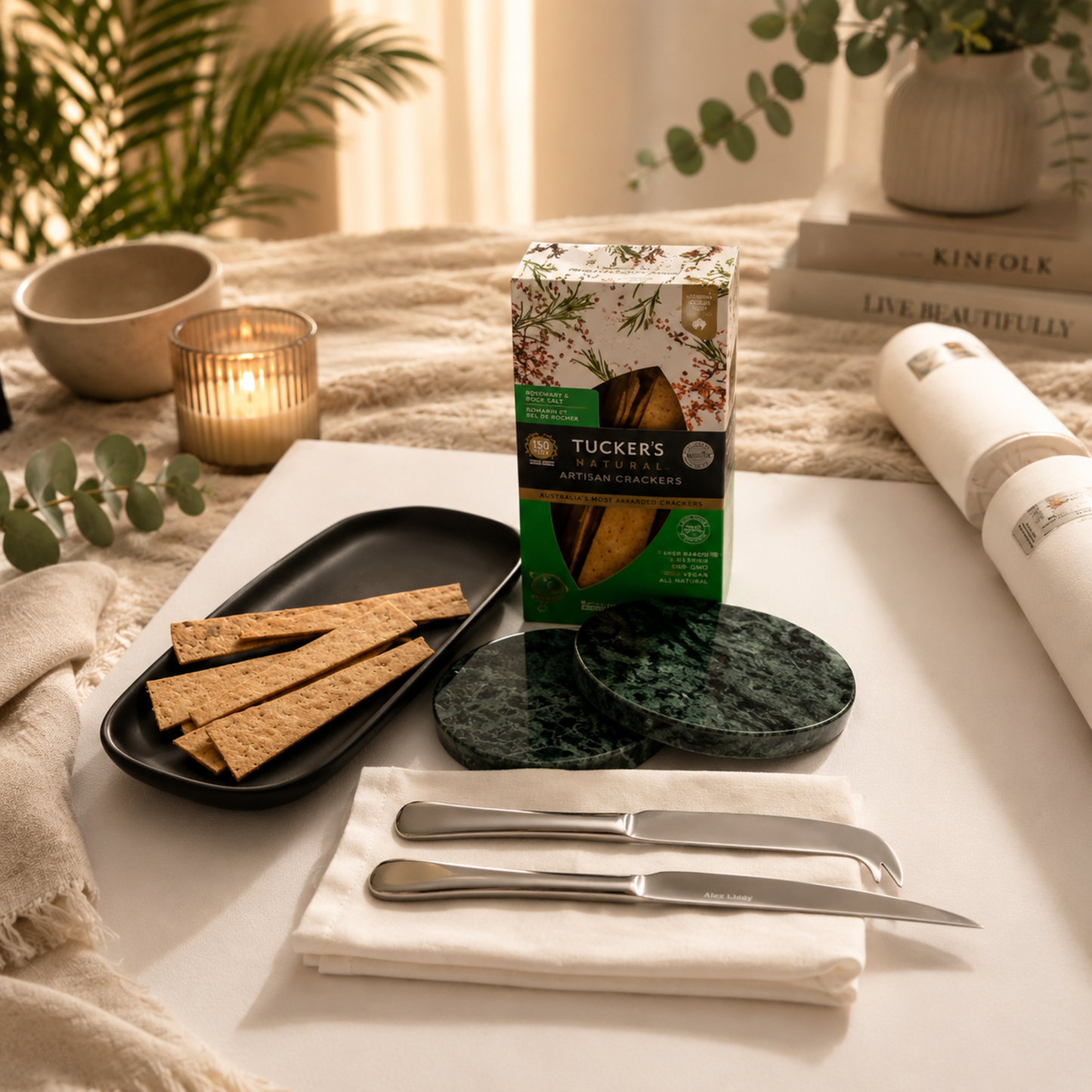Table setting with crackers, a box of Tucker's chocolate, and cutlery on a white tablecloth.