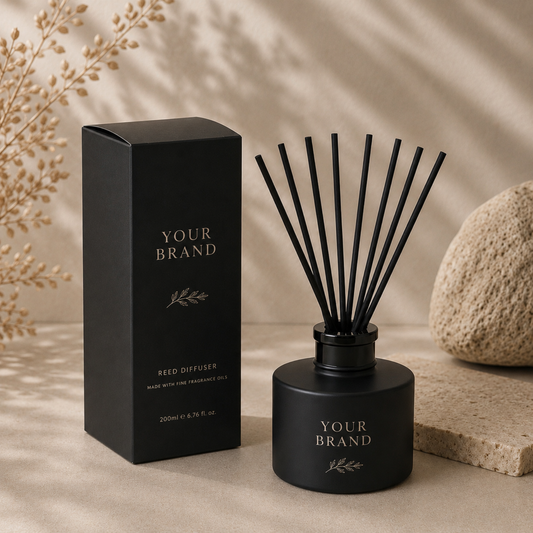 Black diffuser bottle and packaging with 'Your Brand' text on a neutral background