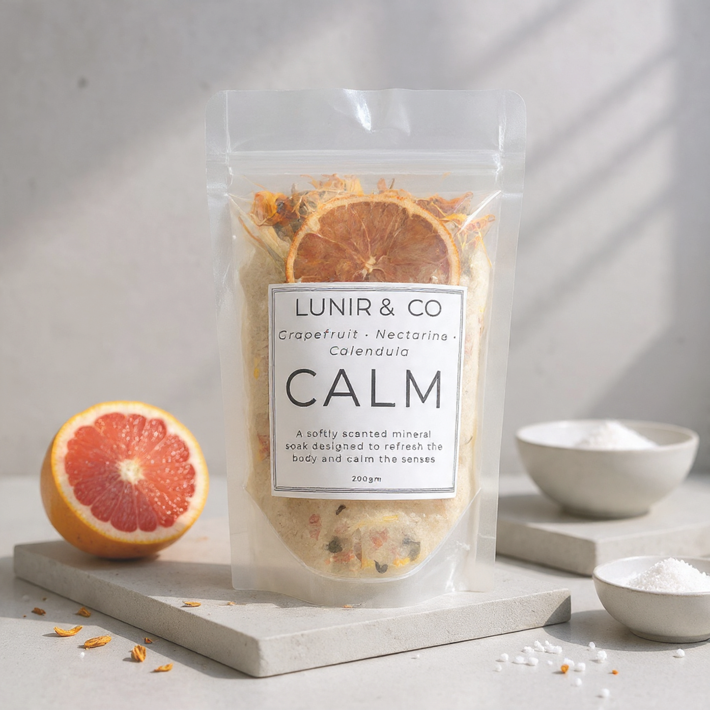 Packaged product labeled 'LUNIR & CO' with a grapefruit on a light background