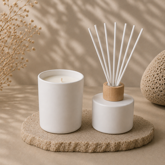 White candle and diffuser on a stone surface with a beige background