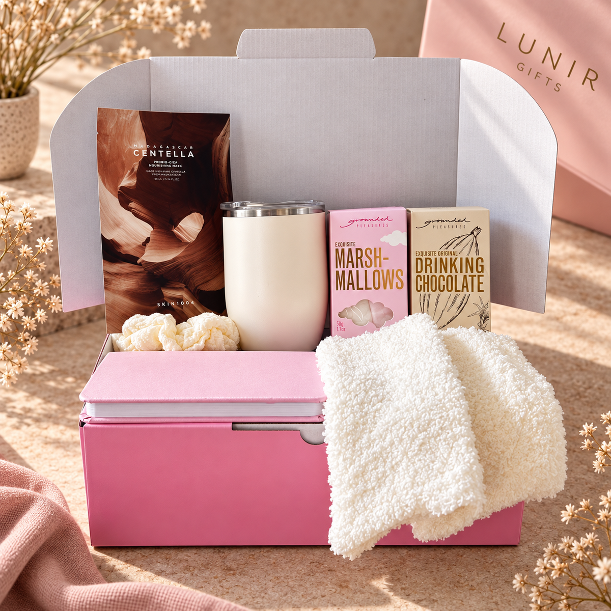 A curated gift box set on a sunlit tabletop, featuring a pink storage box and matching box lid, a cream insulated tumbler, a pink and beige marshmallow snack box, a chocolate bar box, a printed card, and two cream fleece towels. A pink Lunir Gifts box is visible in the background.