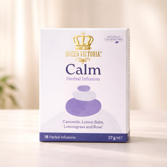 Box of Queen Victoria Calm Herbal Infusion on a light background