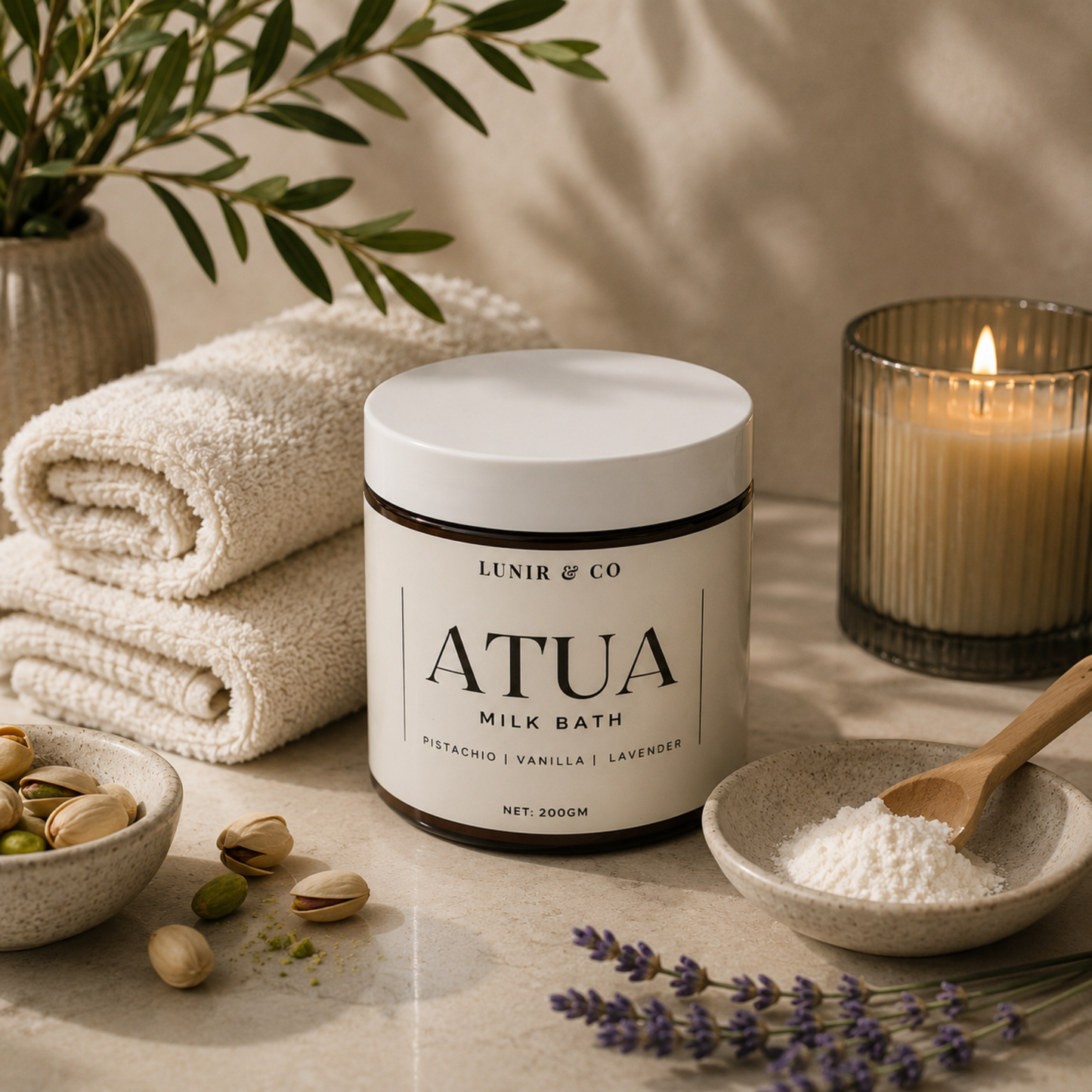 LUNIR & CO ATUA Milk Bath container with ingredients and a candle on a neutral background