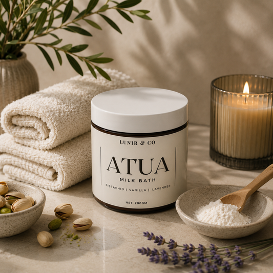 LUNIR & CO ATUA Milk Bath container with ingredients and a candle on a neutral background