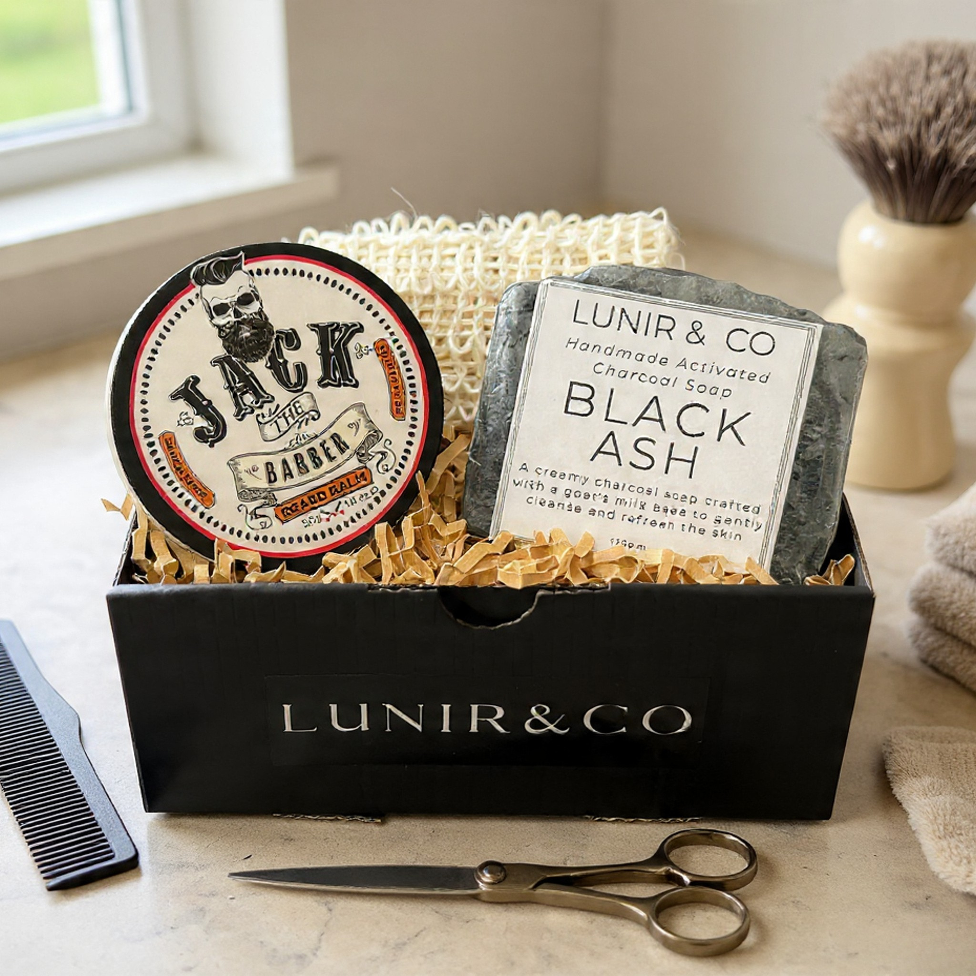 Grooming products including a candle, aftershave balm, and war stick in a black box labeled 'LUNIR&CO'.