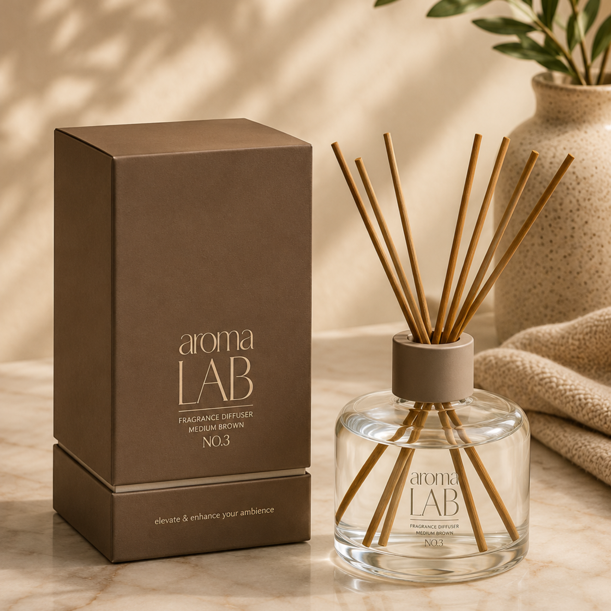 Aroma LAB diffuser and packaging on a neutral background