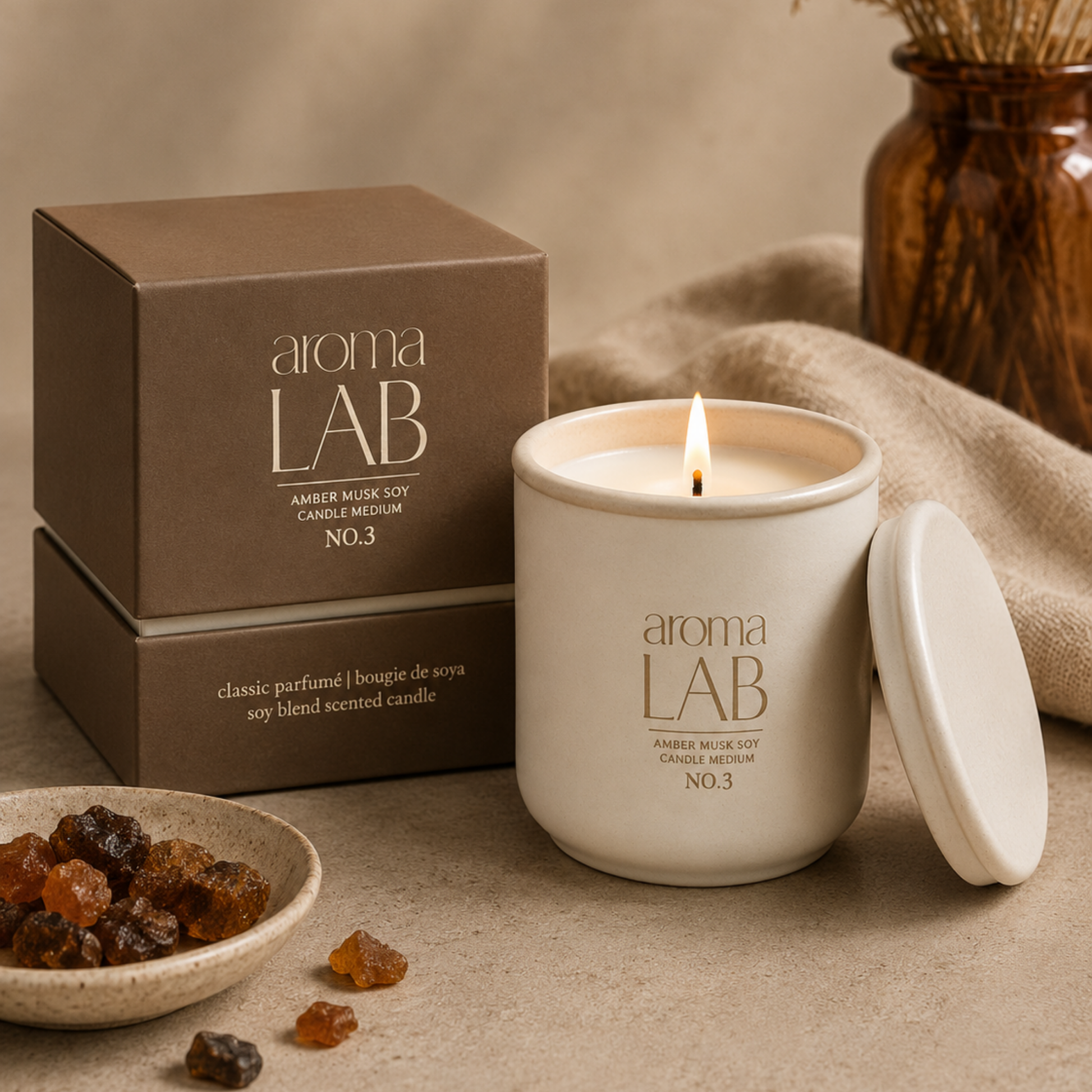 Aroma Lab candle with packaging and amber gourd on a neutral background