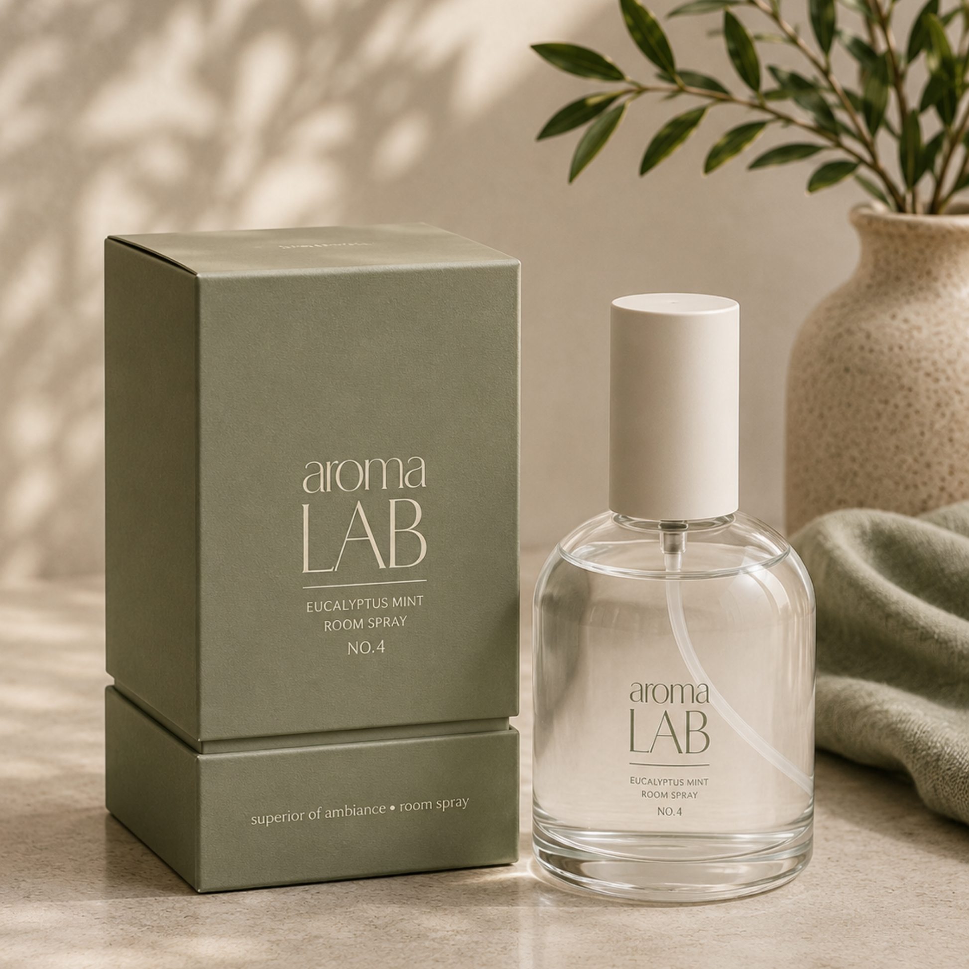 Aroma Lab room spray bottle and packaging on a neutral background with a plant.