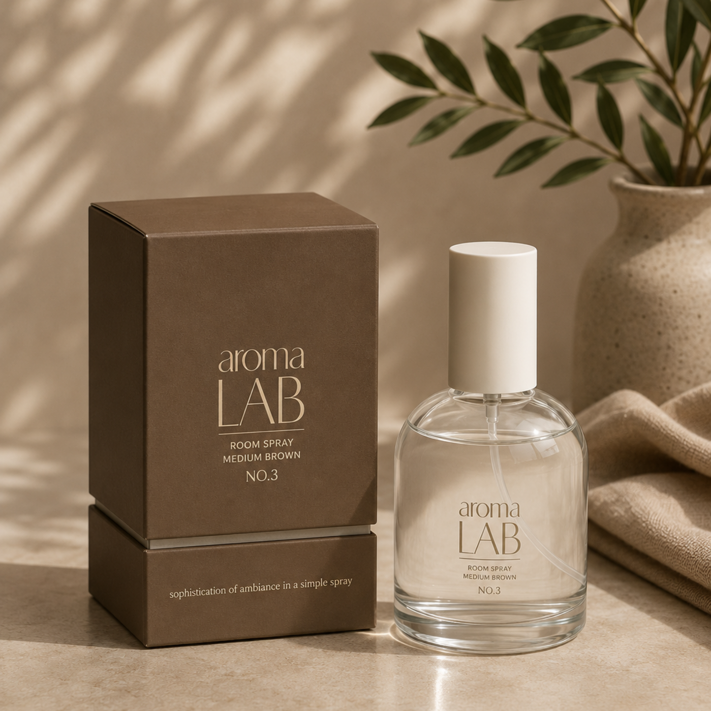 Aroma Lab room spray and packaging on a neutral background with a plant.