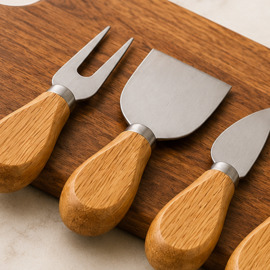 Set of cheese knives with wooden handles on a wooden board
