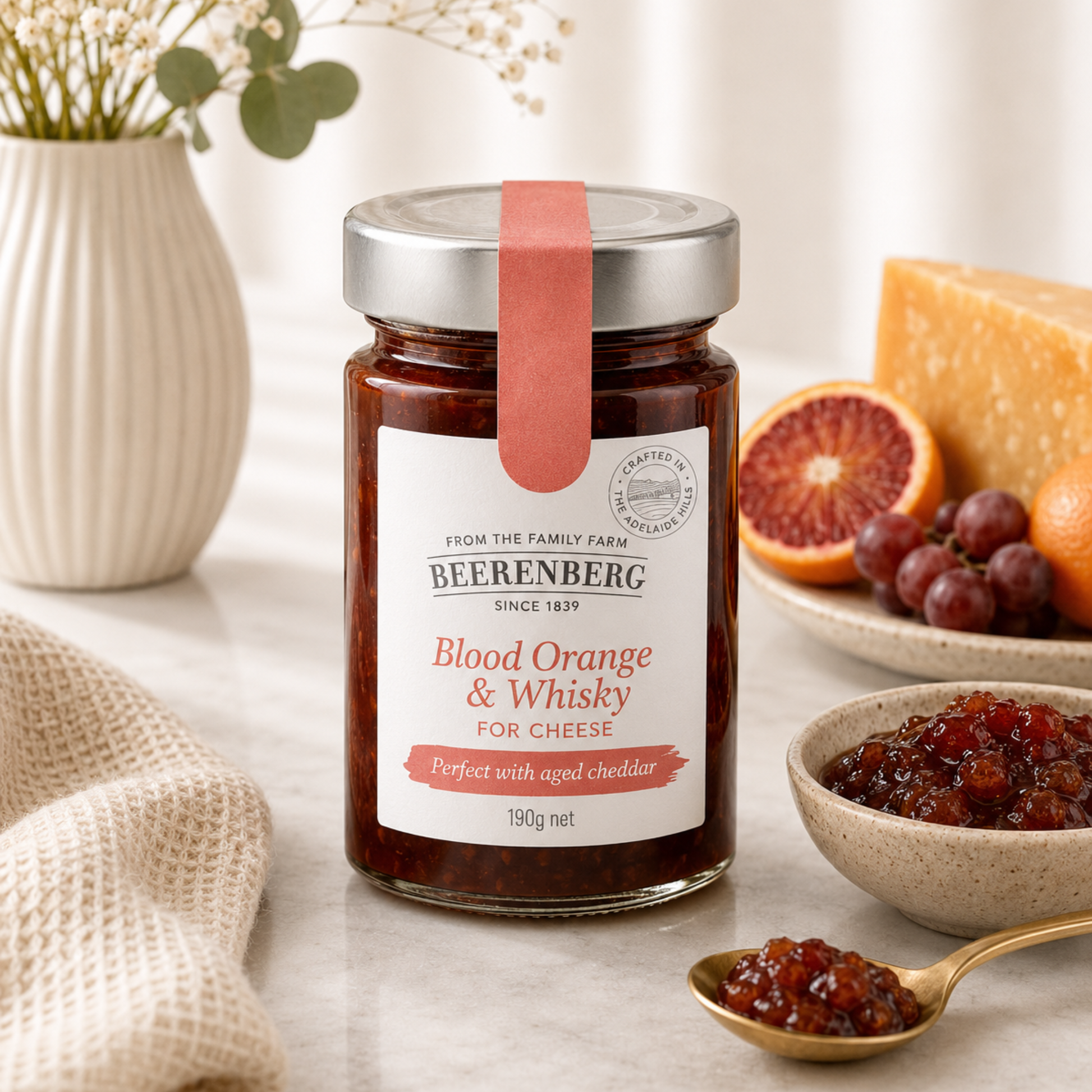 Jar of Beerenberg Blood Orange & Whisky jam on a table with cheese and fruit.