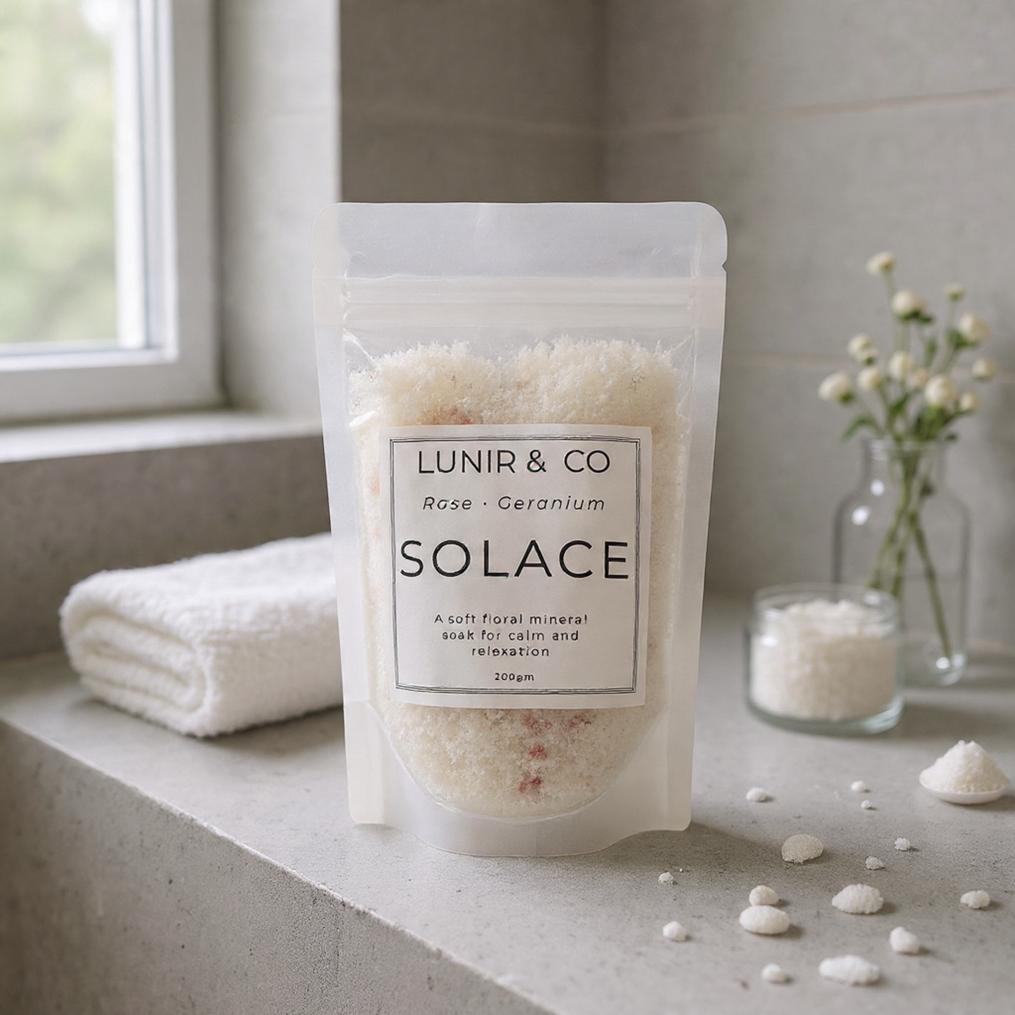 Packaged product labeled 'LUNIR & CO SOLACE' on a bathroom shelf with a towel and flowers in the background.