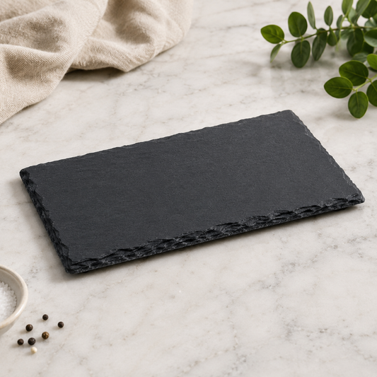 Black slate tray on a light gray surface with a beige towel and green leaves in the background.