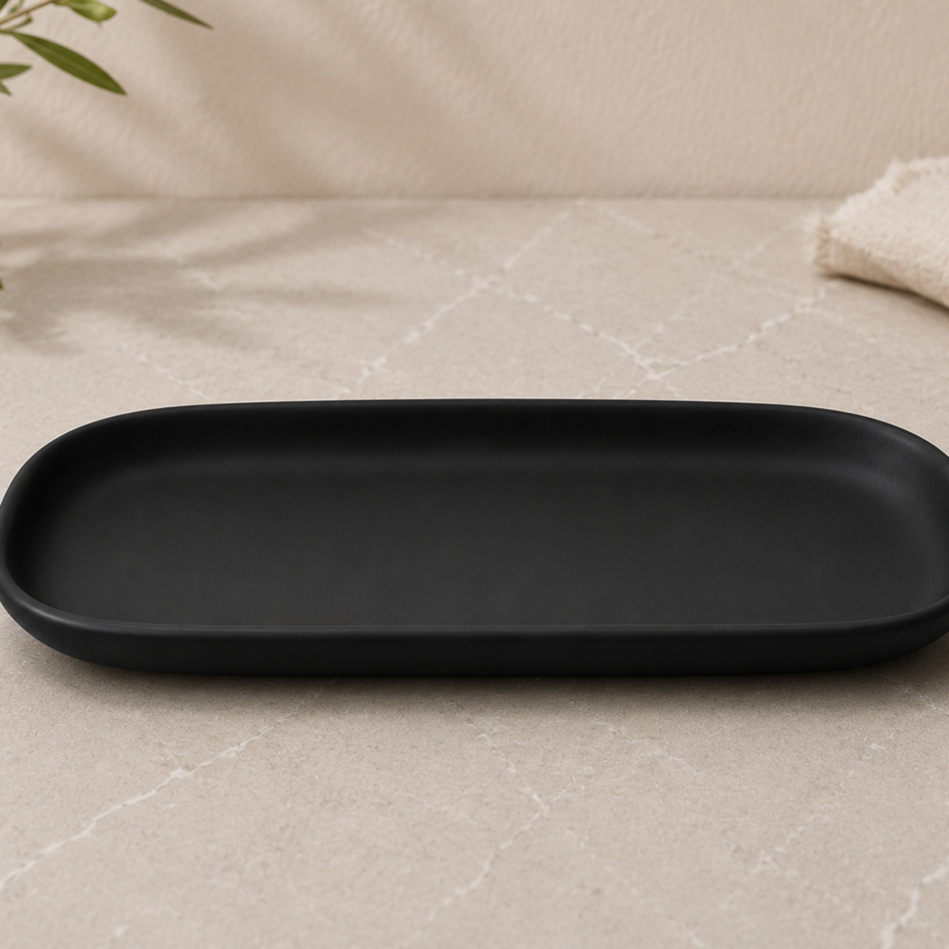Black rectangular tray on a beige surface with a plant in the corner