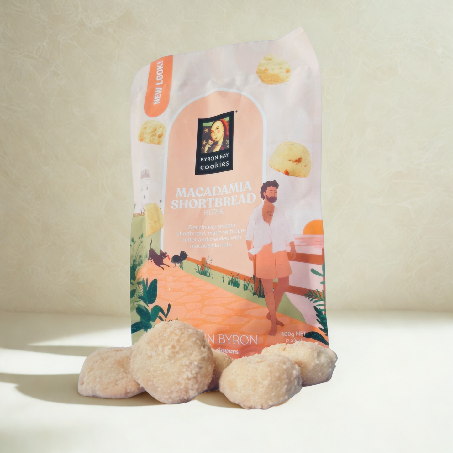 Bag of Byron Bay Cookies Macadamia Shortbread with cookies in front on a light background