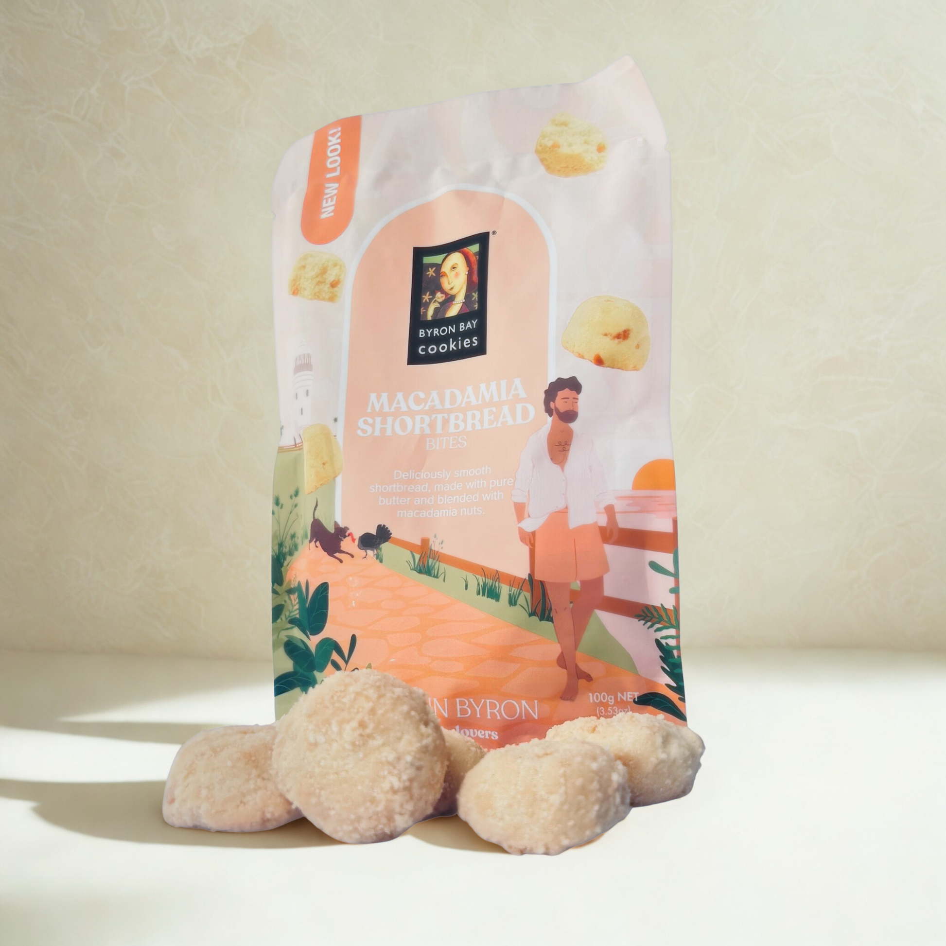 Bag of Byron Bay Cookies Macadamia Shortbread with cookies in front on a light background