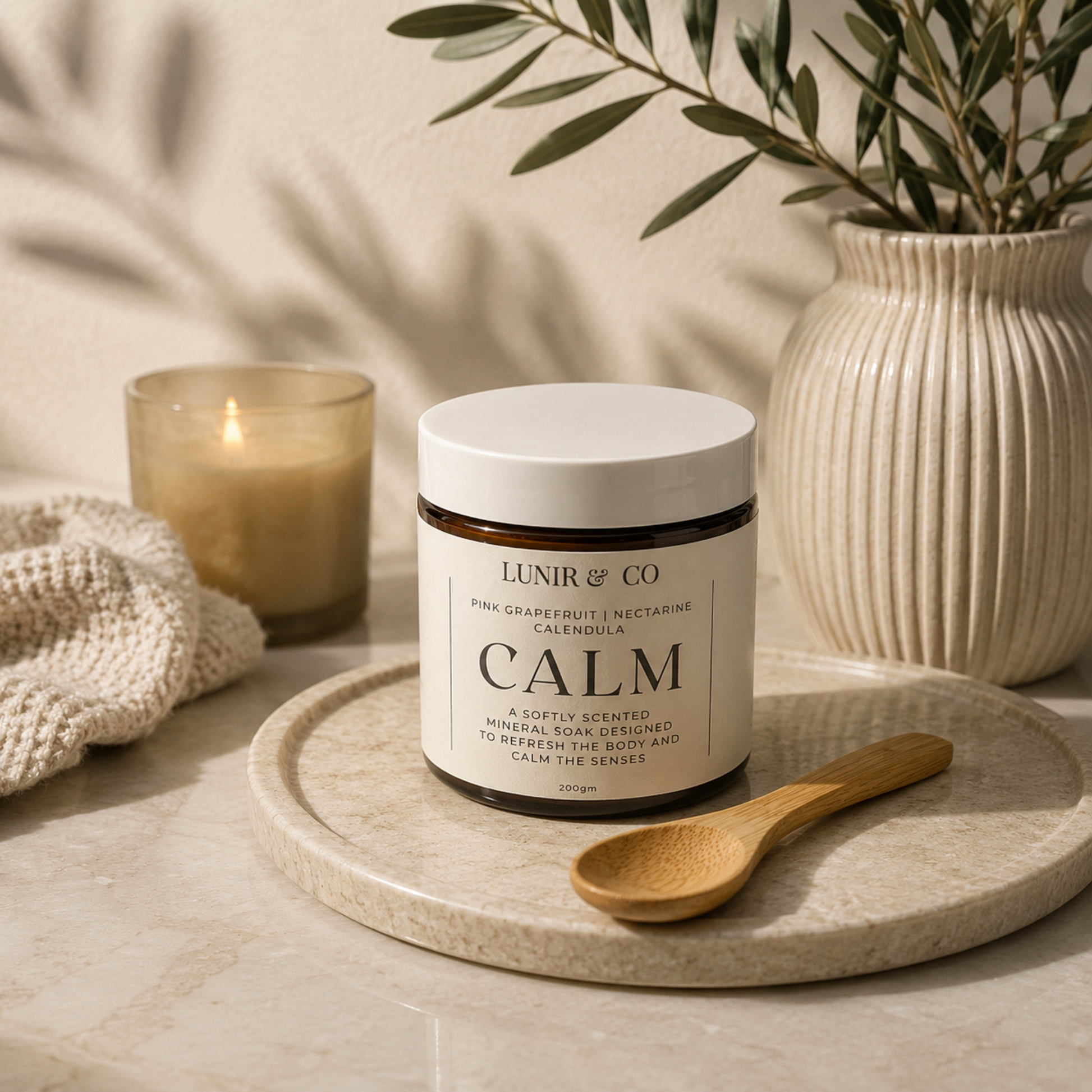 Jar labeled 'Calm' by Lunir & Co on a wooden tray with a candle and plant in the background.