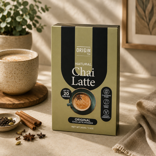Box of Origin Tea Natural Chai Latte on a table with a cup and spices in the background