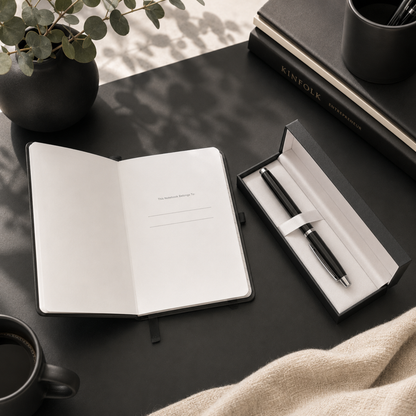 Open notebook with pen set on a dark surface, accompanied by a cup and plant.