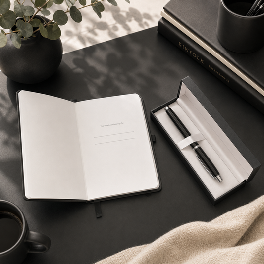 Open notebook with pen set on a dark surface, accompanied by a cup and plant.