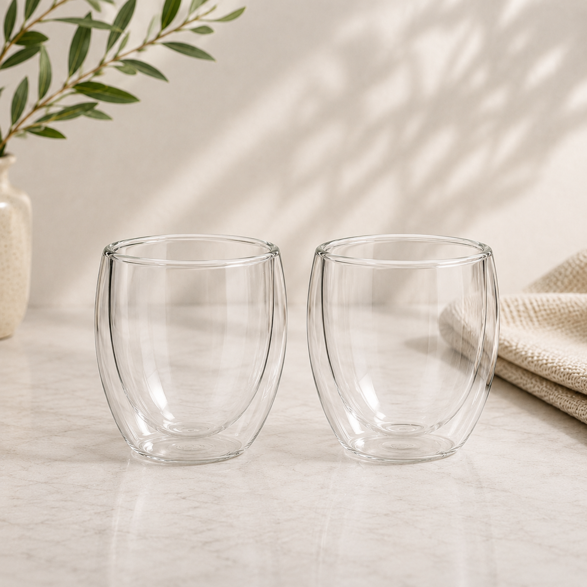 Two clear glass tumblers on a light surface with a neutral background