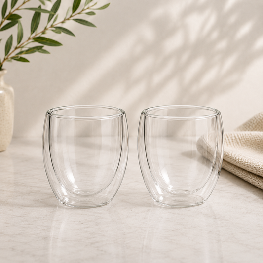 Two clear glass tumblers on a light surface with a neutral background