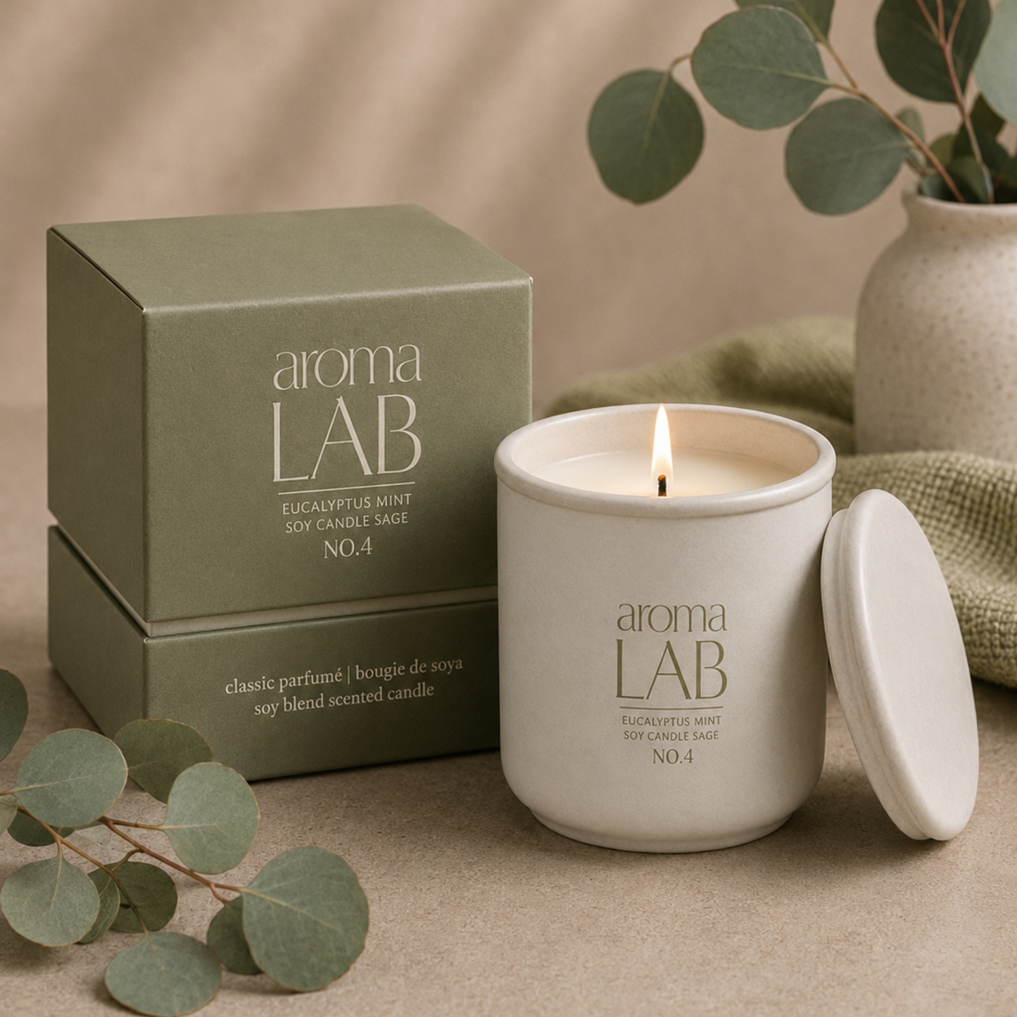 Aroma Lab candle with packaging and eucalyptus leaves on a beige background