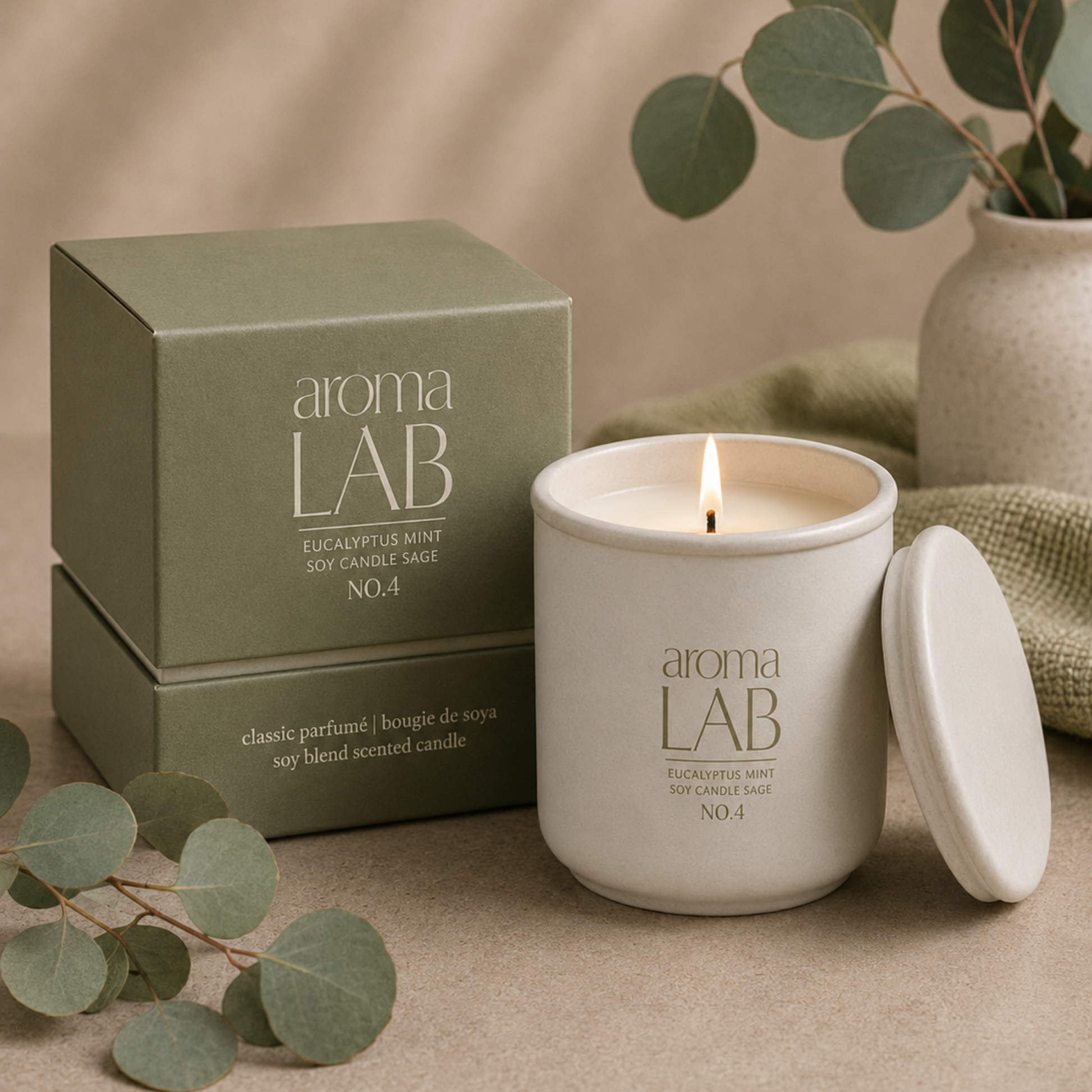 Aroma Lab candle with packaging and eucalyptus leaves on a beige background