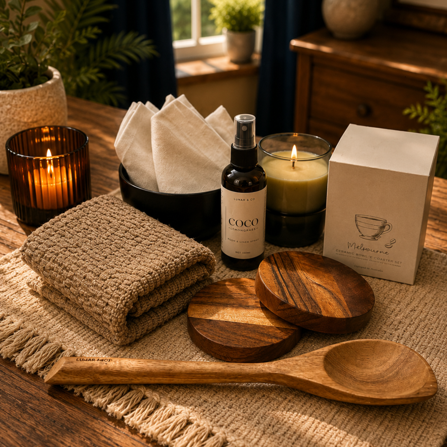 Wooden spoons, candles, and a bottle on a textured surface with a cozy indoor setting.
