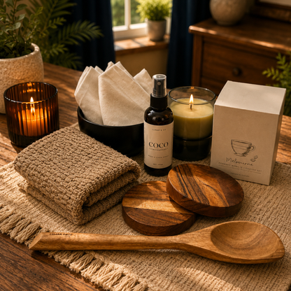 Wooden spoons, candles, and a bottle on a textured surface with a cozy indoor setting.