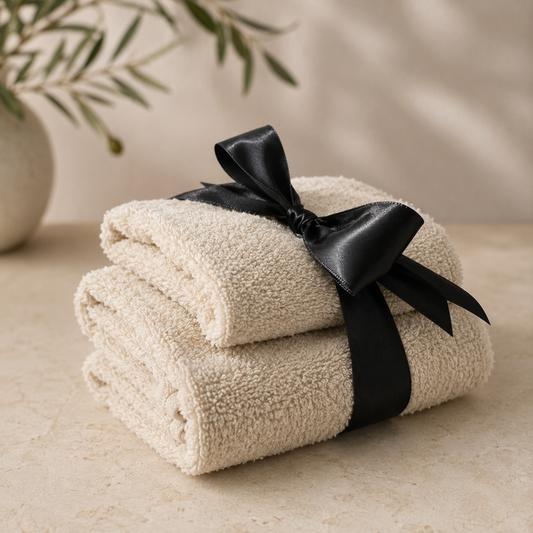 Folded beige towels with a black ribbon on a neutral background