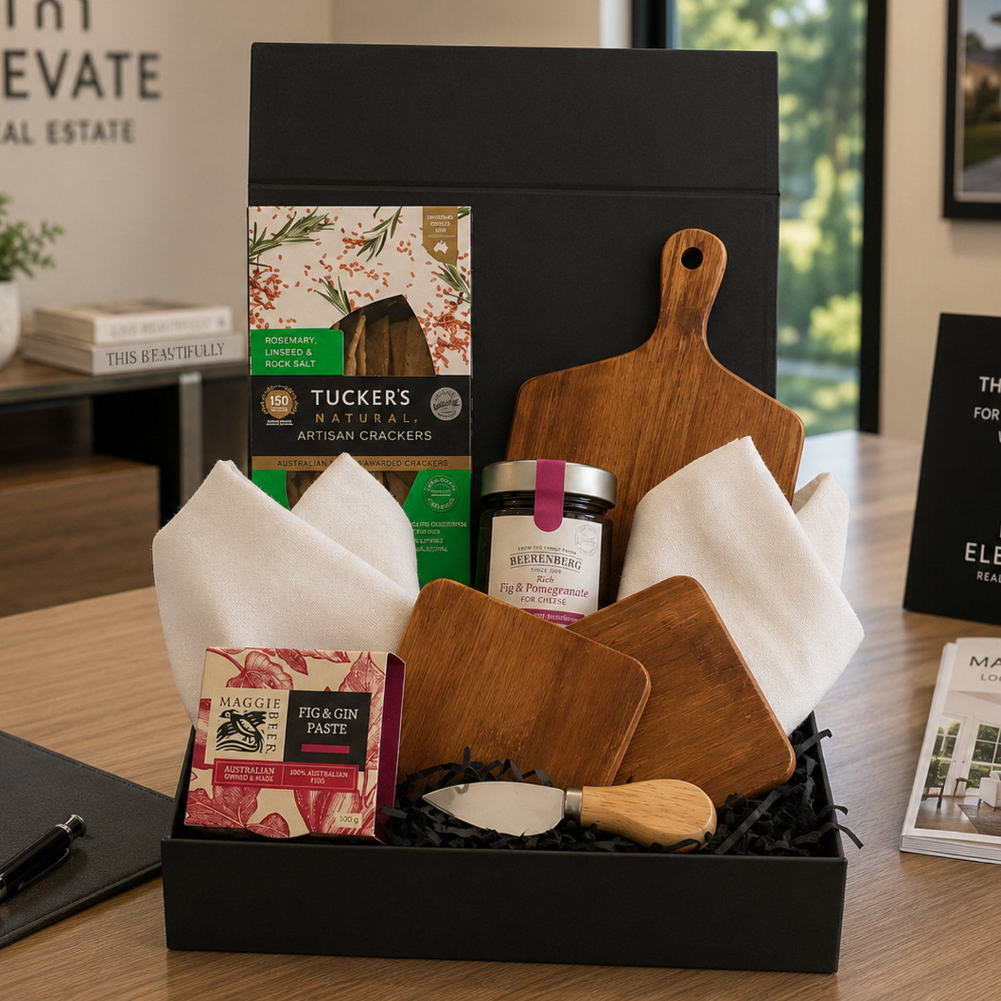 Gift basket with cutting boards, jars, and other items on a table.