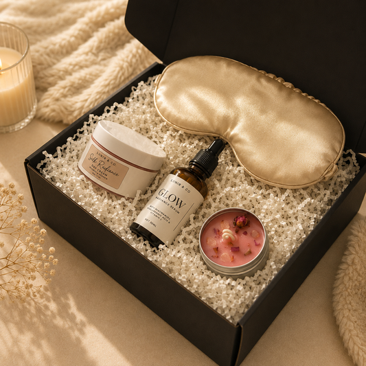 Gift set with skincare products, eye mask, and candle in a box on a soft surface.