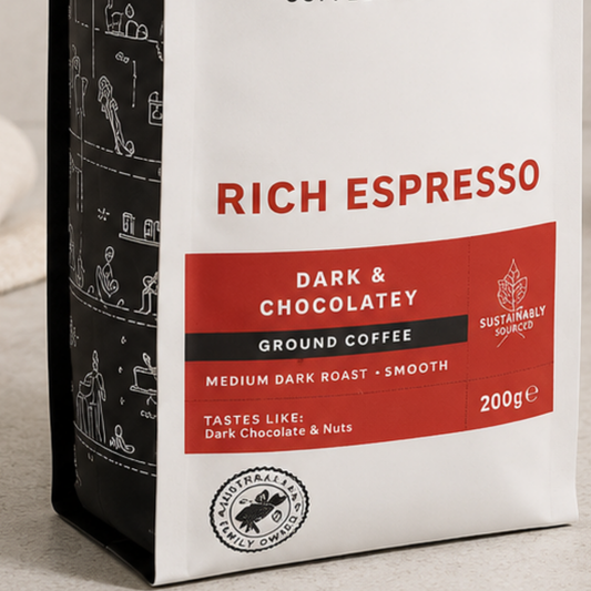Coffee bag labeled 'Rich Espresso' with text and graphics on a neutral background