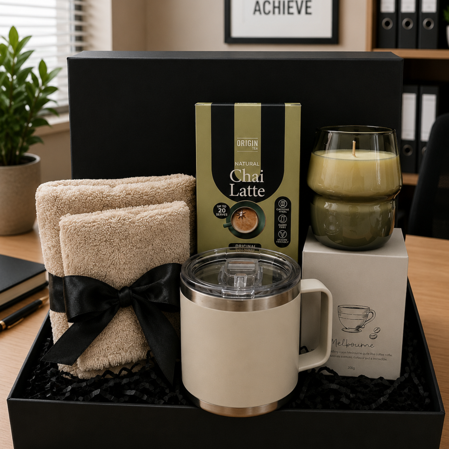 Gift set with towels, mug, and candle on a desk