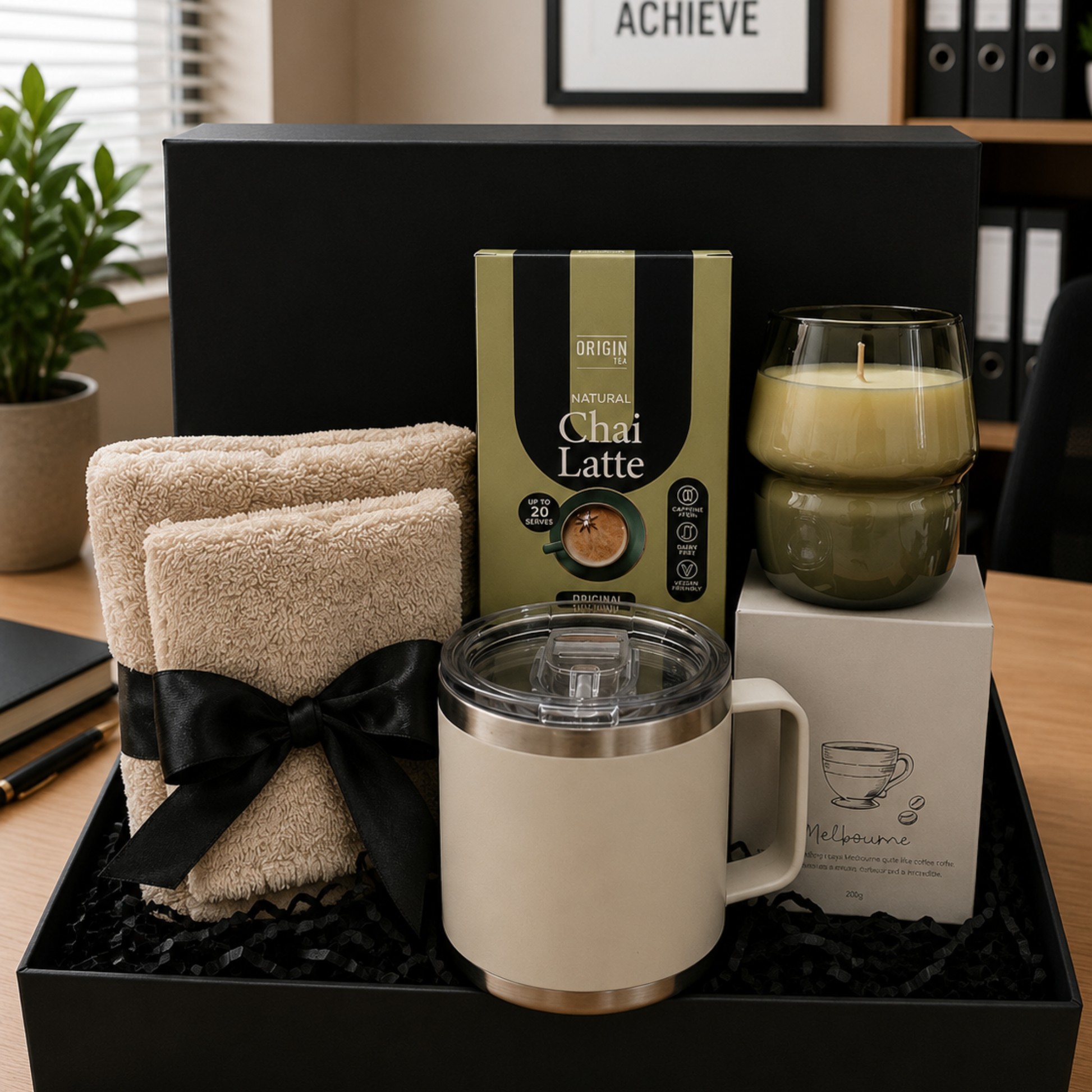 Gift set with towels, mug, and candle on a desk