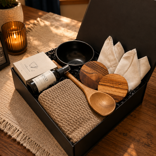 Gift set with kitchen items including a pan, bottles, wooden spoon, and napkins on a wooden table.