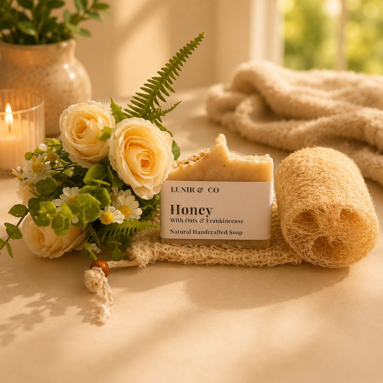 Bar of soap with a label, sponge, and flowers on a soft surface