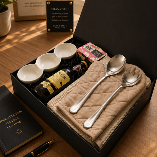 Gift set with silver spoons, bowls, and a bottle of olive oil in a black box on a wooden surface.