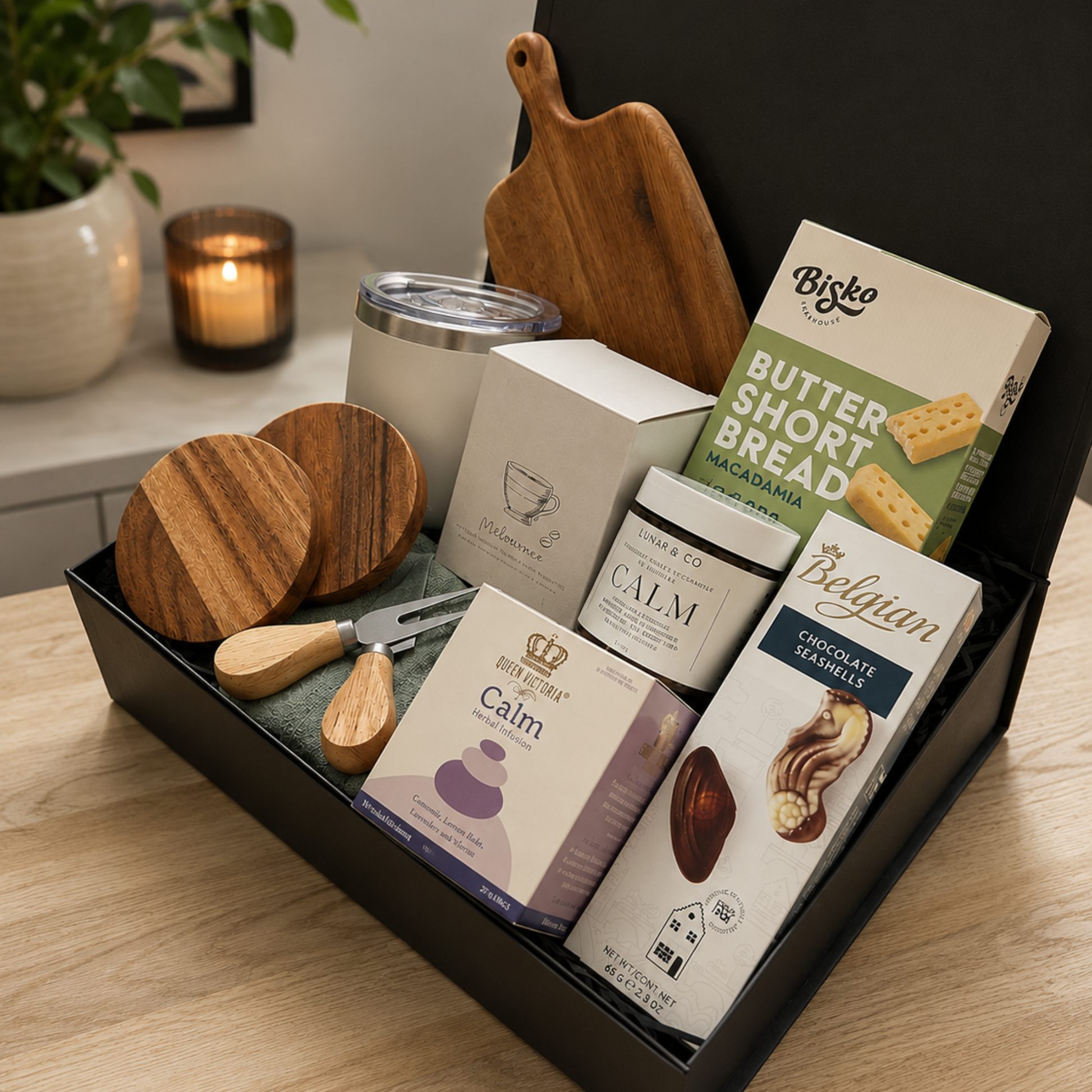 Gourmet gift set with chocolate, shortbread, and wooden items on a table.