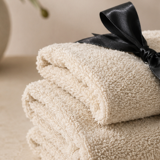 Folded beige towel with a black ribbon on a neutral background