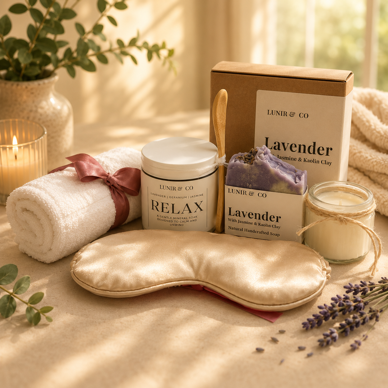 Relaxation-themed products including a eye mask, candle, and soap on a soft surface with a blurred background.